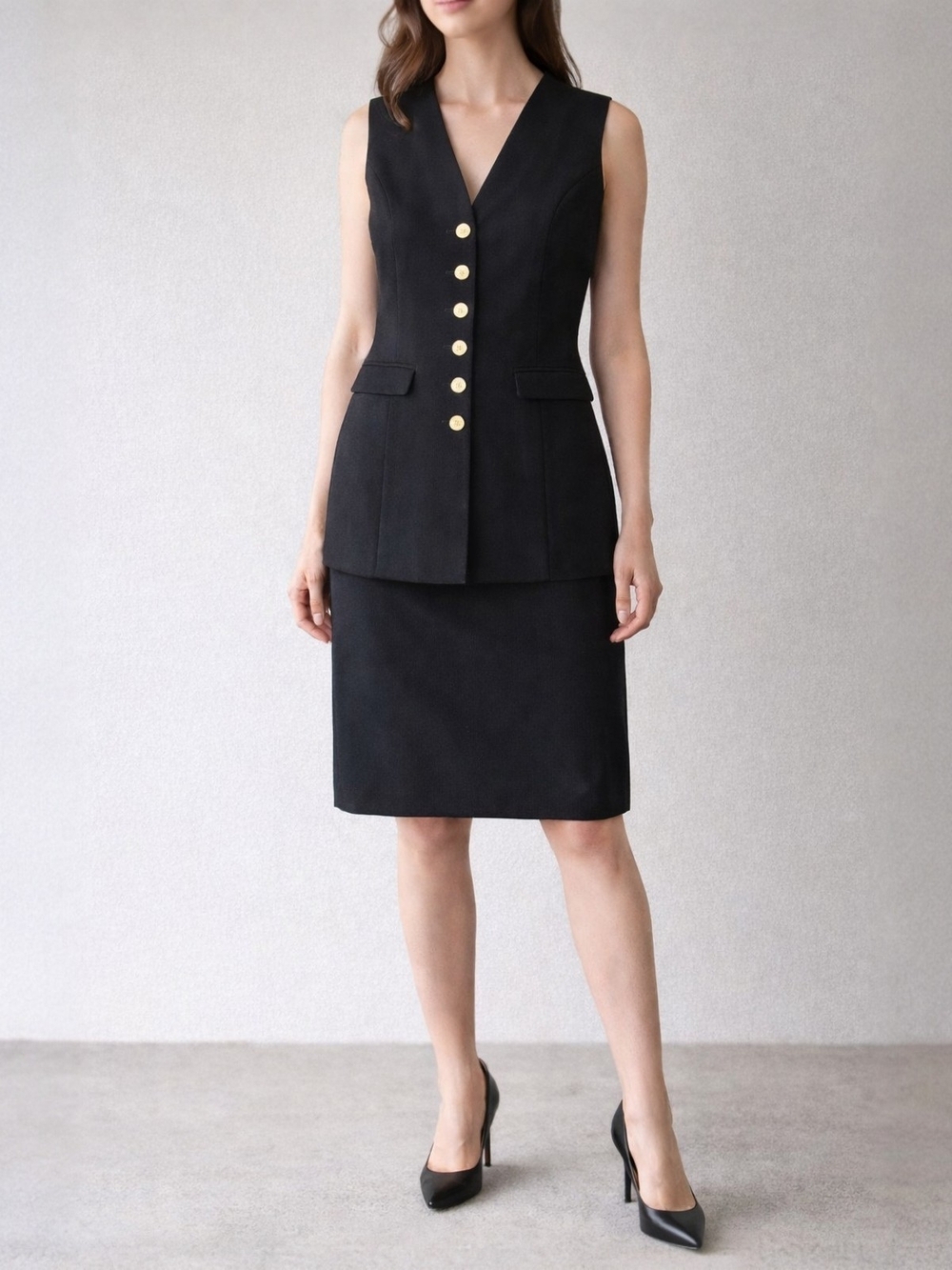 Vintage 90s Minimalist Black Vest Dress – Gold Button Front Appx Size Medium